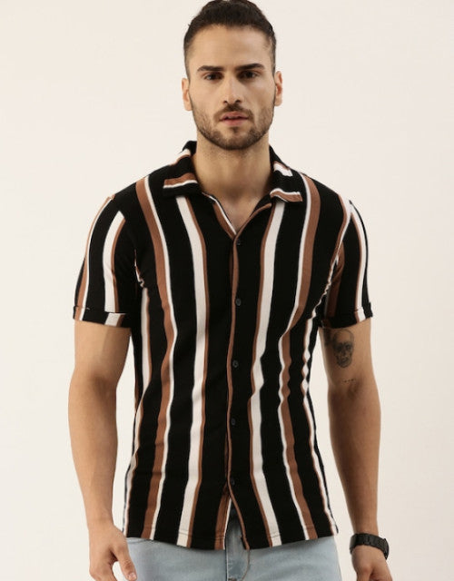 Men Regular Fit Striped Spread Collar Casual Shirt